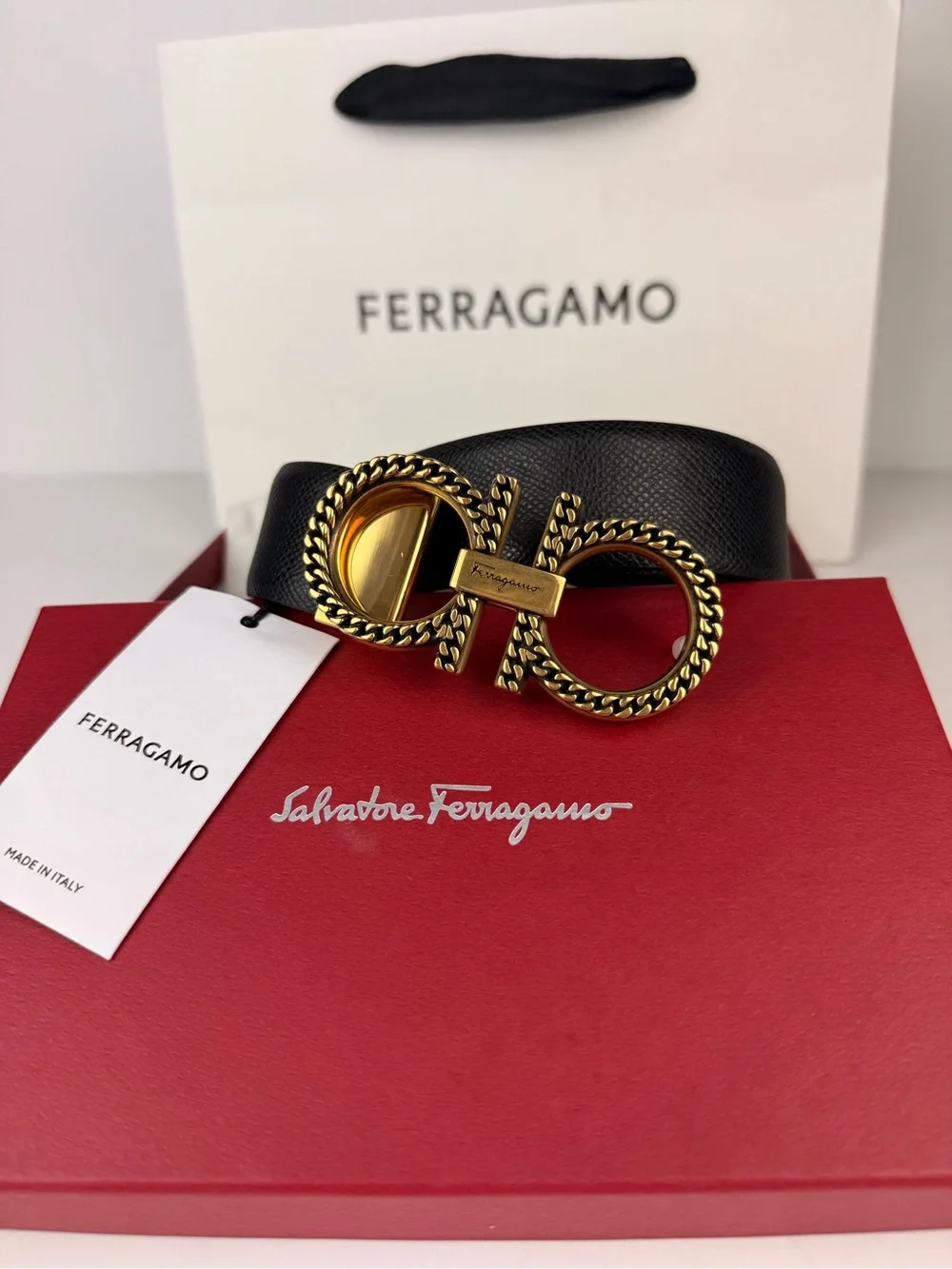 Ferragamo Gancini Reversible Belt 100 Black Camel Chain-Detail Buckle Cut-to-Fit